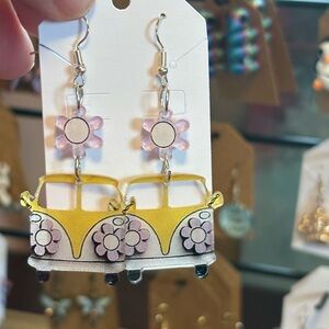 Yellow and Pink Flower hippie van  Earrings